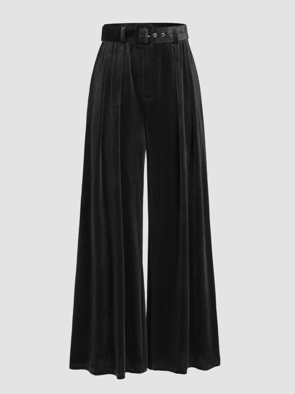 Cider Velvet Mid Waist Pocket Wide Leg Trousers with Belt Black XS